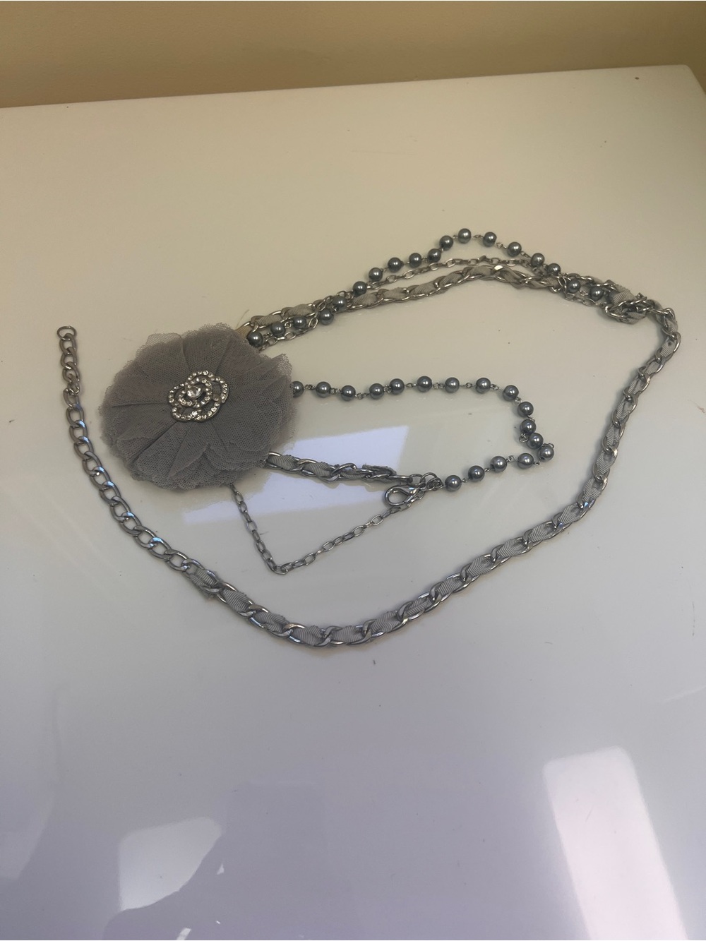 Elegant Women's Gray Fabric Flower belt with Crystal Accent